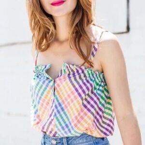 J. Crew Button Front Gingham Rainbow Tank Top Style G5024 Women Sz 00